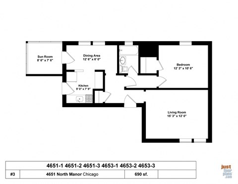 Floor plan for 1 bed, 1 bath, 690 sqft